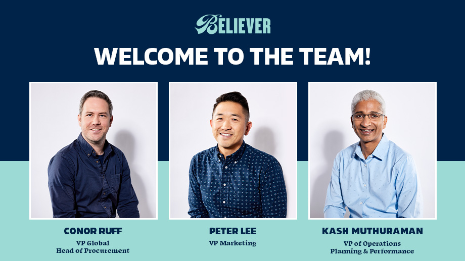 3 new hires on blue background